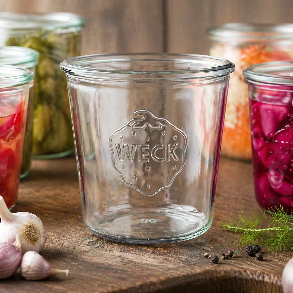 Bicchieri da 580 ml WECK RR100 Vaso di vetro da 580 ml WECK RR100 vuoto con logo su un tavolo di legno accanto a barattoli da conserva colorati con verdure e aglio