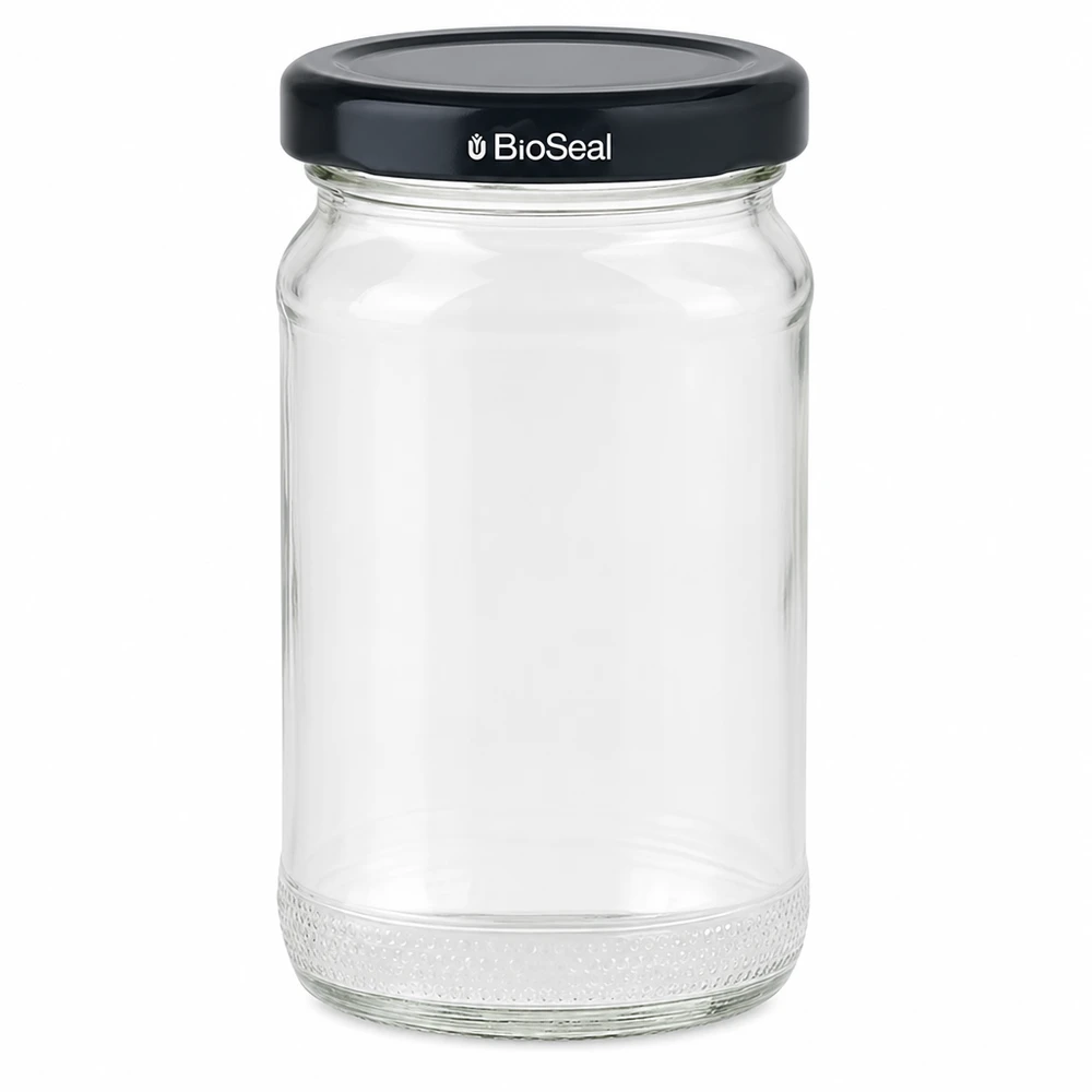 UNiTWIST Runda110 Einmachglas mit schwarzem TO48 BioSeal Deckel - leeres Vorratsglas aus Glas