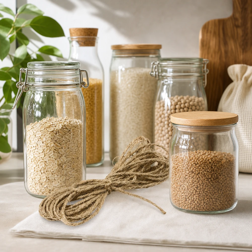 Cordoncino naturale per decorazioni, lunghezza 300 cm Corda di iuta naturale di 300 cm tra i barattoli decorati con cereali e legumi sul piano di lavoro della cucina