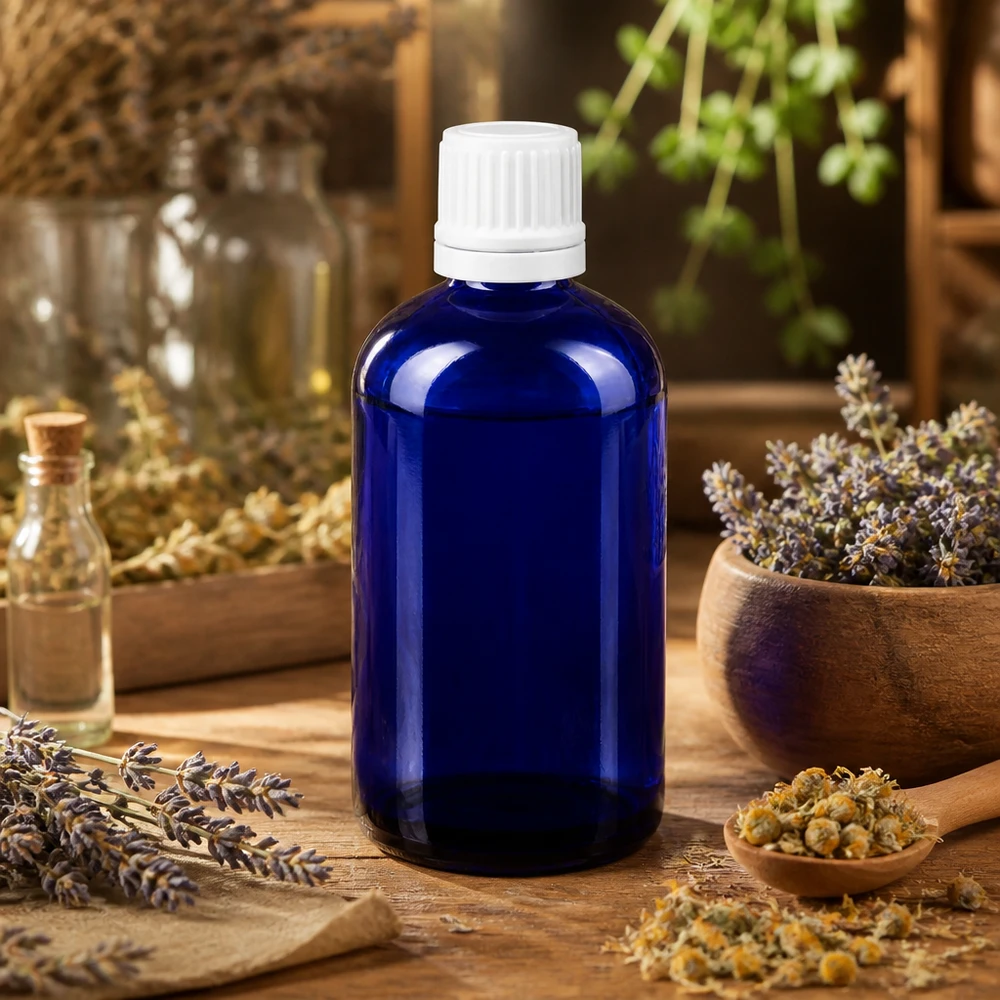 Flacon de pharmacie bleu 100ml bouchon compte-gouttes 1.2mm blanc bouchon inviolabilité Flacon compte-gouttes de 100 ml en verre d'apothicaire bleu cobalt, muni d'un bouchon OV blanc, entre des fleurs de lavande et de camomille