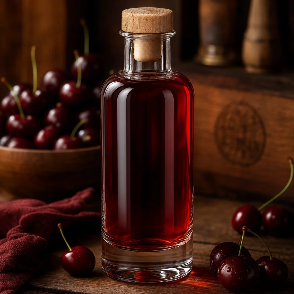 Bottiglia in vetro da 200 ml Ella con tappo in sughero con impugnatura in legno UNiTWIST® Glasflasche Ella 200ml mit Holzkorken gefüllt mit rotem Kirschlikör zwischen frischen Kirschen auf warmem Holztisch