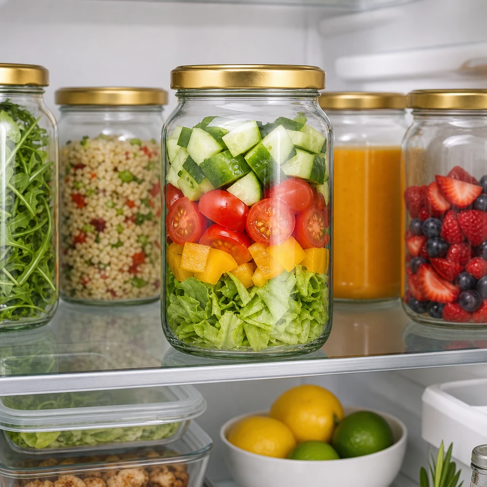 Il barattolo rotondo da 1700 ml con coperchio dorato BasicSeal nel frigorifero mostra Meal Prep con insalata e conservazione salutare