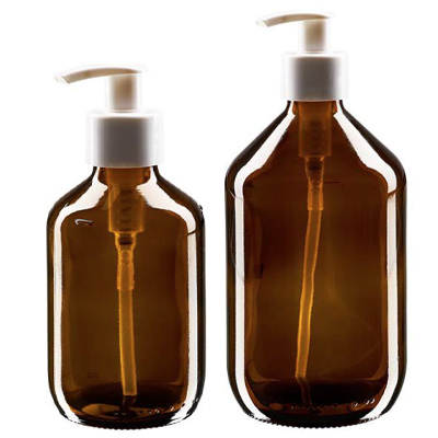 Braunglas Euro- Medizinflaschen mit weisser Pumpe