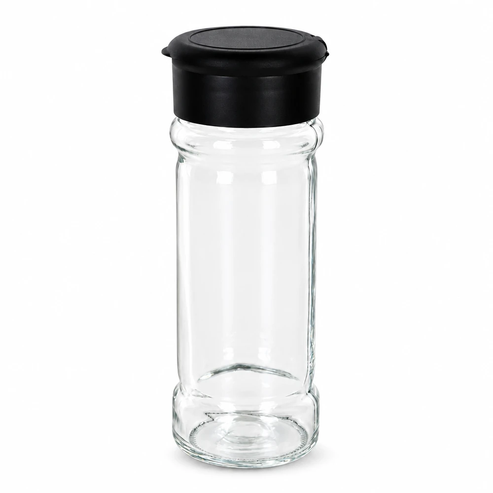 Stapelbares Küchengewürzglas 100ml aus transparentem Glas mit schwarzem Deckelstreuer