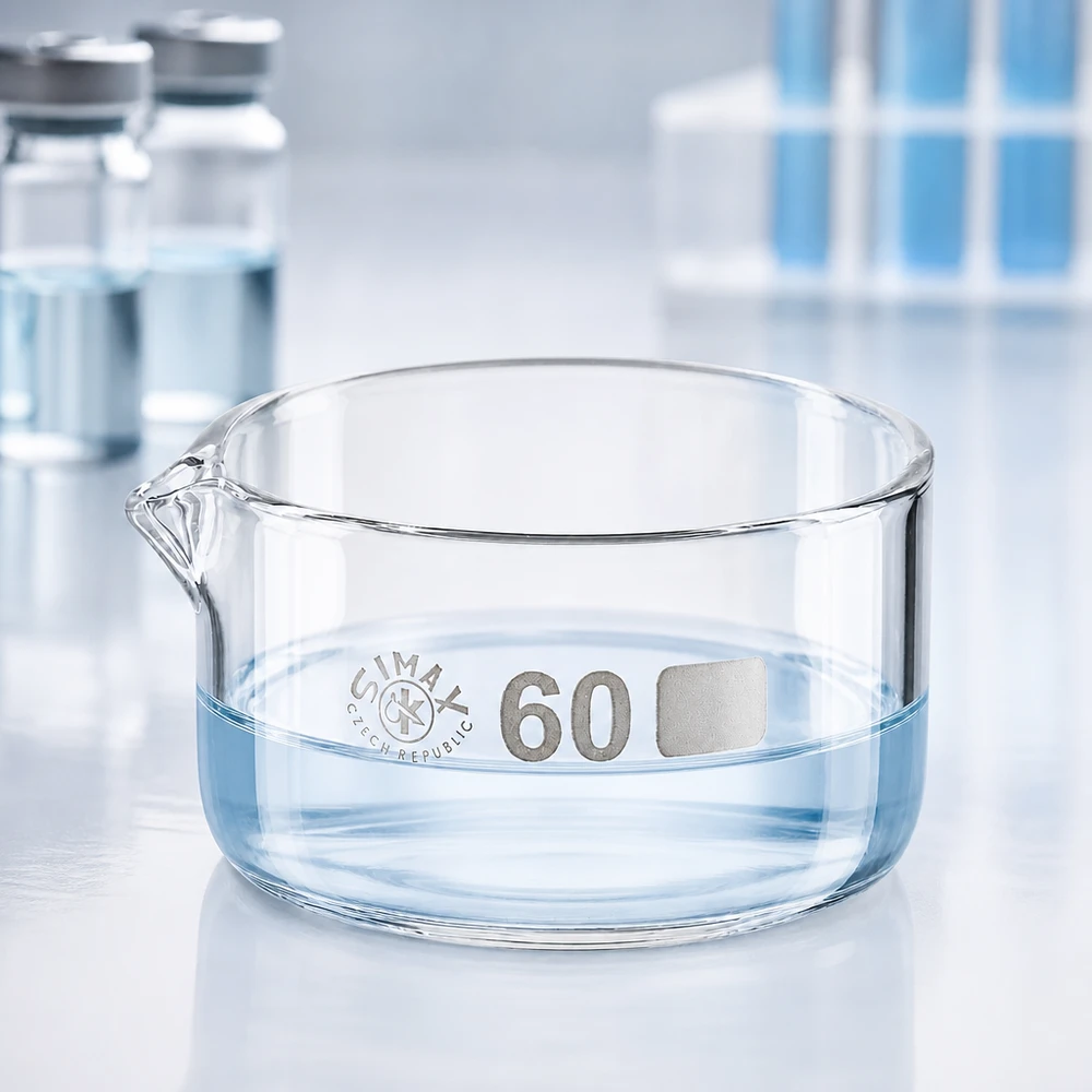 Simax Kristallisierschale 60ml Glas flach zylindrisch Ausguss Bodenring Laborglas Eindampfung