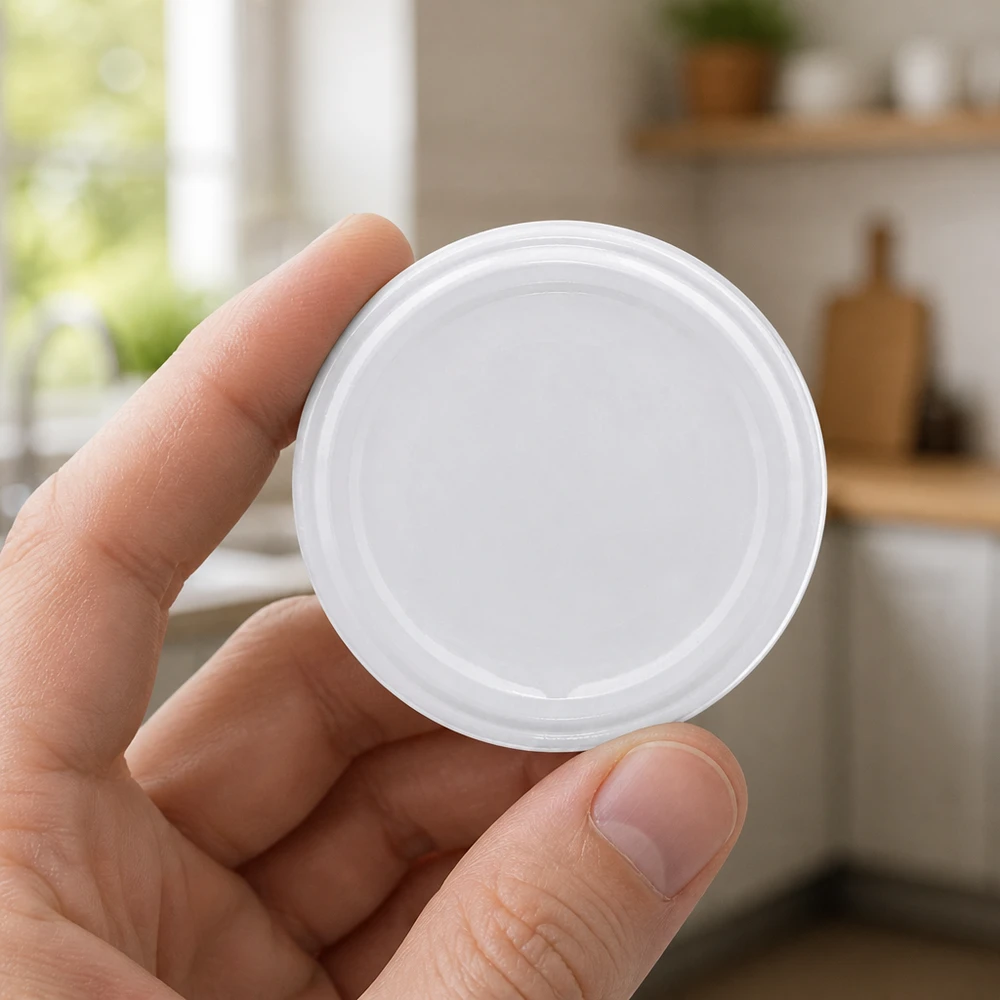 Weißer TO58 Einmachdeckel mit BioSeal Dichtung hitzebeständig BPA-frei Draufsicht