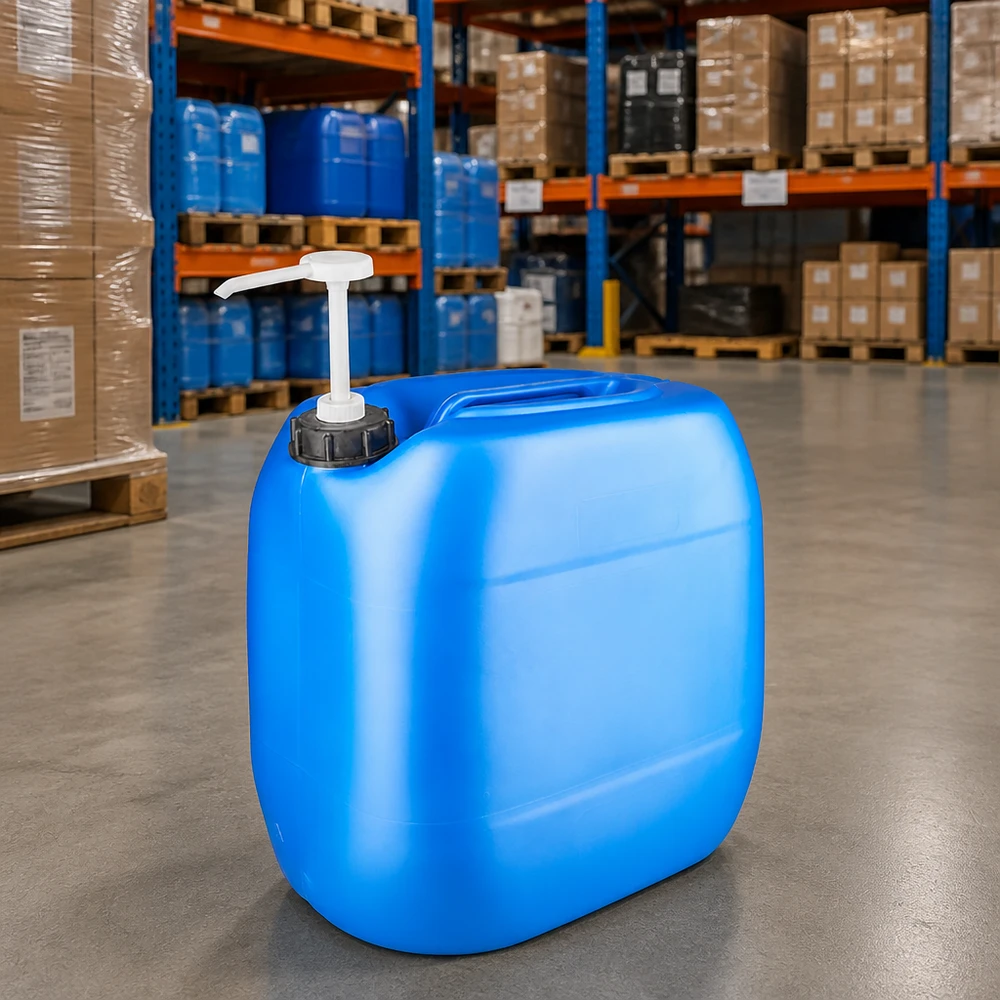 Flacher rechteckiger Kanister 30 Liter Blau mit Pumpverschluss im Lagerhaus