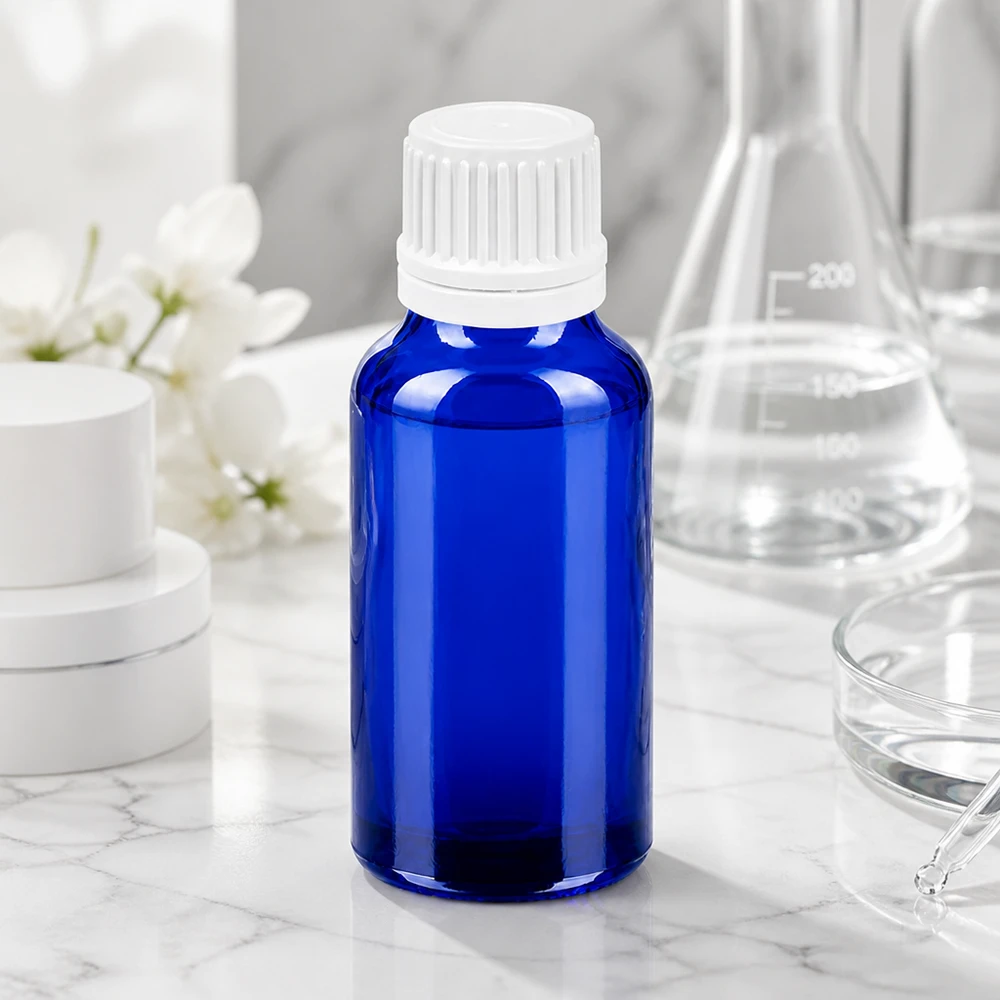 Flacone da 20ml 11mm SV bianco OV BlueLine UT18/20 Robusto flacone SV da 20 ml in vetro blu con protezione UV e tappo di sicurezza bianco