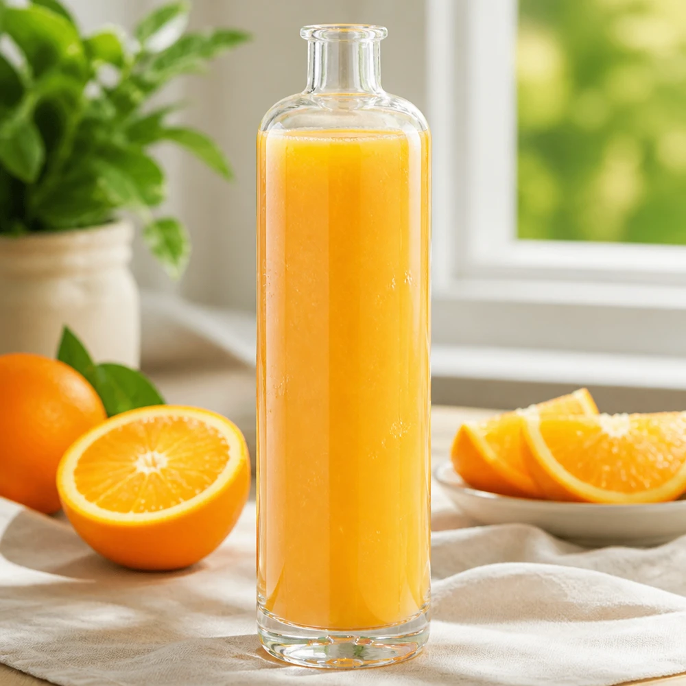 Bottiglia di vetro da 700 ml di Ella riempita di succo d'arancia fresco accanto a fette d'arancia su un tavolo da cucina chiaro con decorazione vegetale