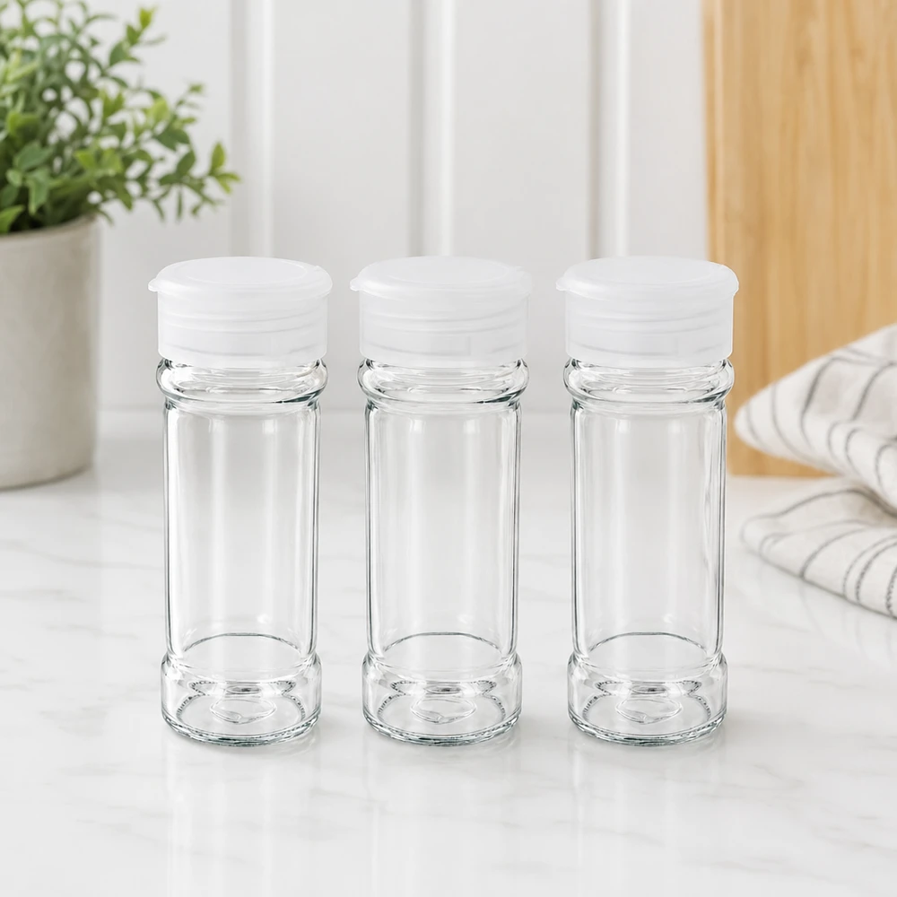 Pot à sel/épices 100 ml avec saupoudreuse, blanc Stapelbare Gewürzgläser 100ml aus Borosilikatglas mit weißem Schüttelverschluss
