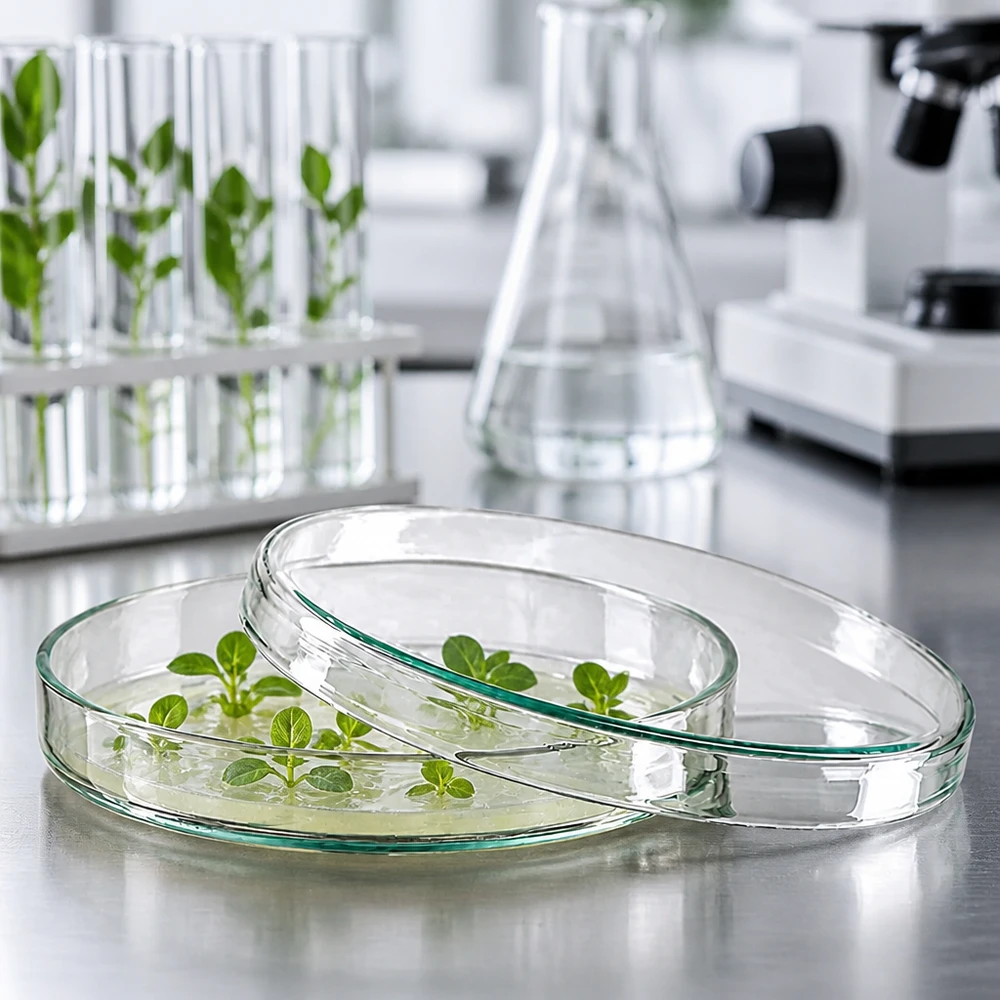 Petrischale 100x15mm Glas Zwei Glaspetrischalen 100x15mm mit Arabidopsis-Setzlingen auf gelbem Kulturmedium