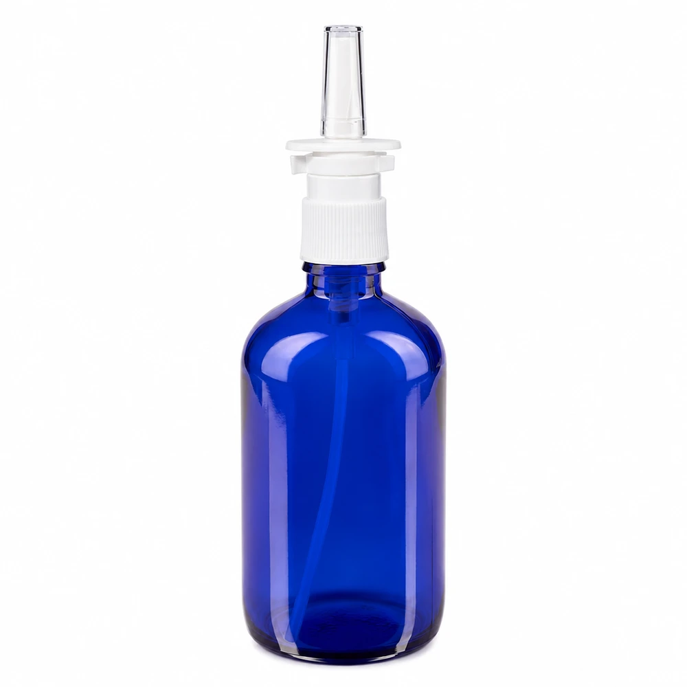Medizinische Nasensprayflasche 100ml blaues Apothekerglas mit transparentem Nasalaufsatz
