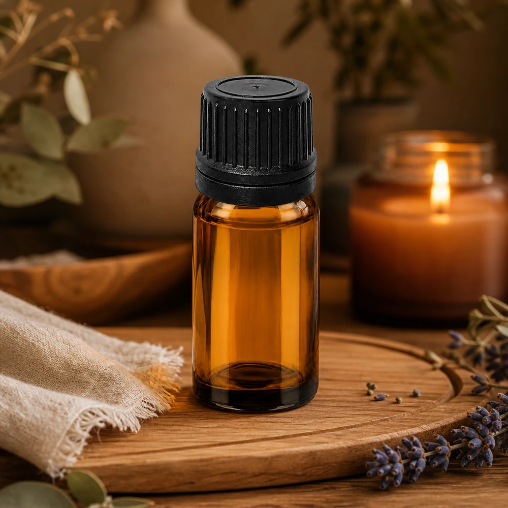 Flacone contagocce da 10 ml in vetro ambrato con protezione UV e tappo a prova di bambino.