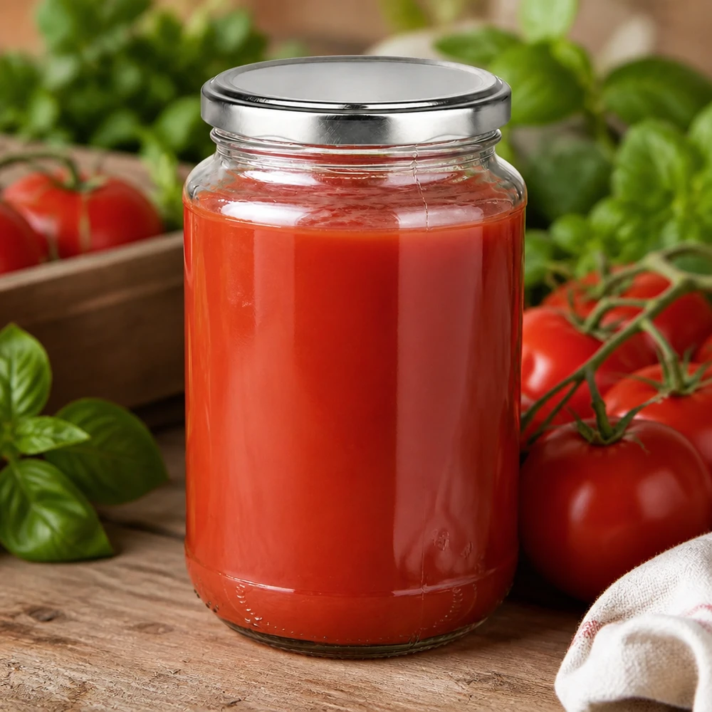 320ml Einmachglas UniTwist mit BasicSeal silber gefüllt mit frischer Tomatenpassata