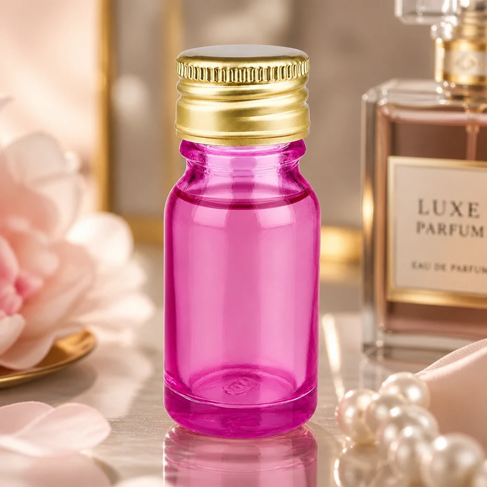 Flacone da 10 ml in elegante viola con tappo in alluminio-oro per oli ed essenze di alta qualità