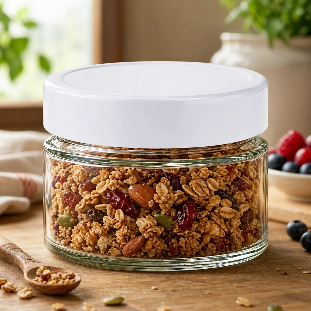 Barattolo rotondo UNiTWIST da 130 ml con coperchio BasicSeal riempito con miscela di muesli - frutta secca da conservare