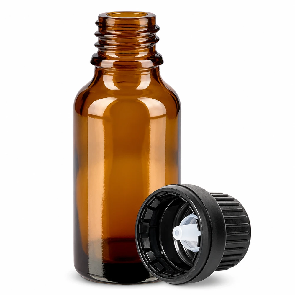 Flacone in vetro da 20 ml di colore marrone con coperchio contagocce nero, ideale per sieri ed essenze.