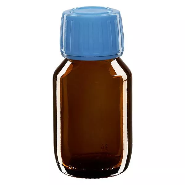 Flacone per medicinali da 50 ml marrone, tappo blu con chiusura antimanomissione Flacone per medicinali da 50 ml marrone, tappo blu con chiusura antimanomissione
