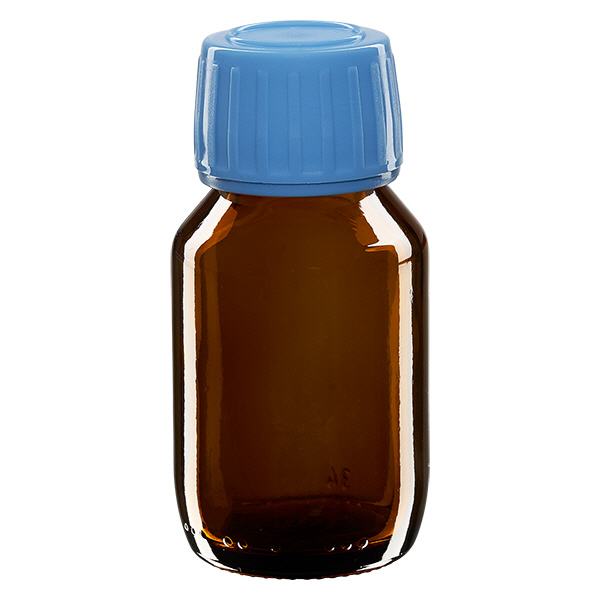 Flacone per medicinali da 50 ml marrone, tappo blu con chiusura antimanomissione Flacone per medicinali da 50 ml marrone, tappo blu con chiusura antimanomissione