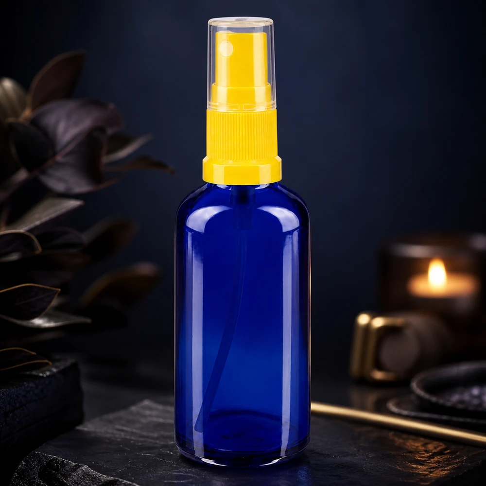 50ml STD Zerstäuberflasche aus UV-Schutzglas in Blau mit gelbem Sprühkopf