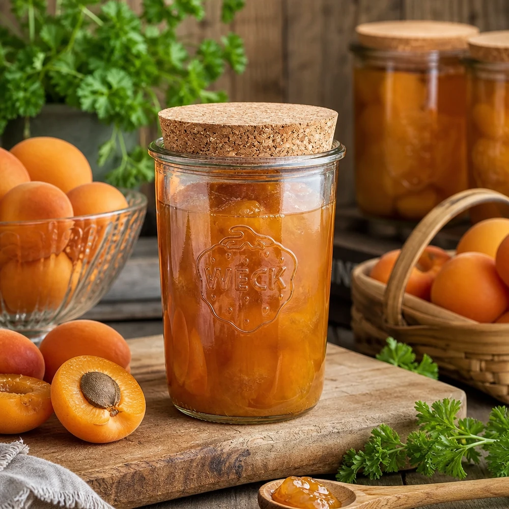 850ml Sturzglas WECK RR100 mit Korken natur WECK RR100 850ml Sturzglas mit Korken gefüllt mit Aprikosenmarmelade neben frischen Aprikosen auf Holztisch