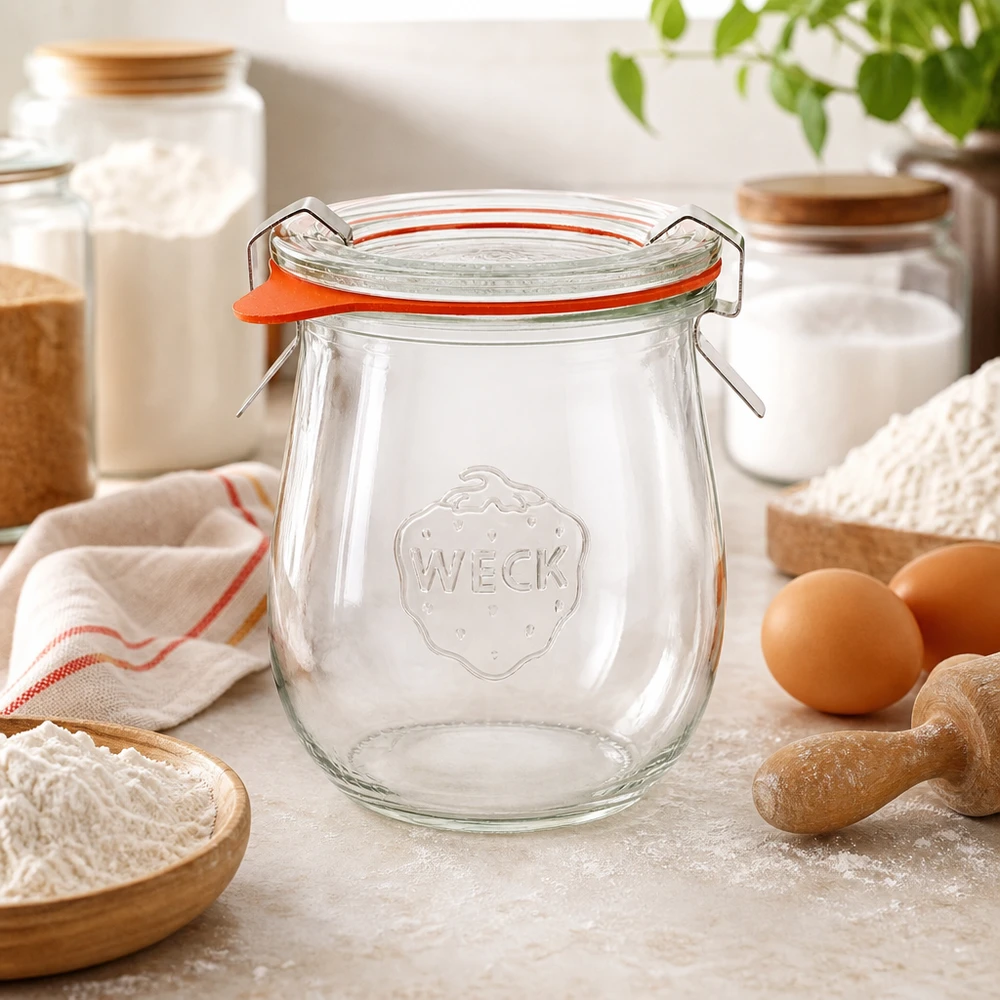 Vaso a tulipano da 220 ml completo WECK RR60 WECK vaso a tulipano 220ml RR60 in pasticceria con uova farina e utensili da cucina vaso di conservazione per ingredienti da forno