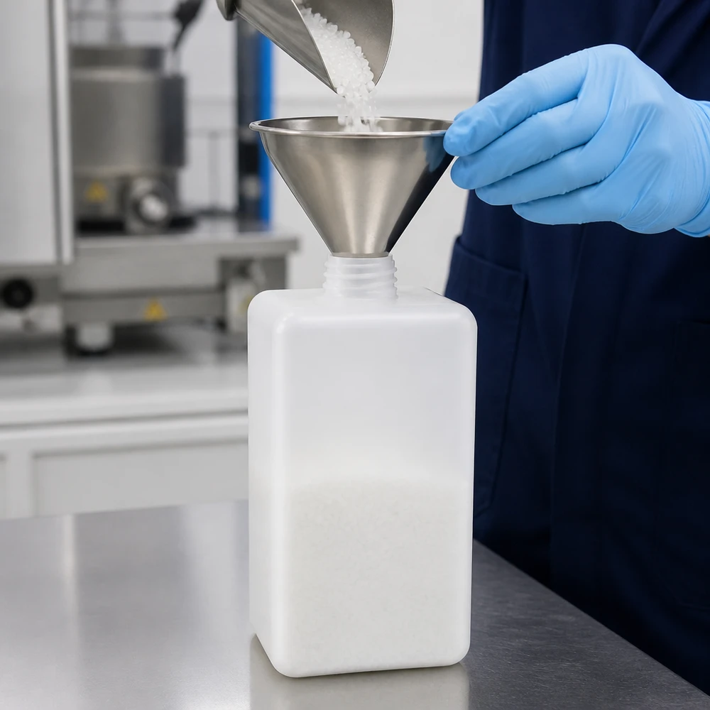 Bouteille en PE-HD de 1 500 ml, col étroit GL 32, adaptée aux granulés chimiques et aux solides
