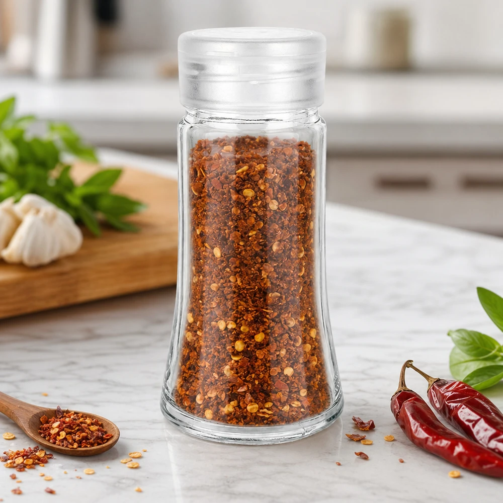 Pot à sel/épices 95 ml avec saupoudreuse, blanc Zylindrisches Gewürzglas 95ml aus klarem Glas mit weißem Streuerdeckel in Küchenumgebung