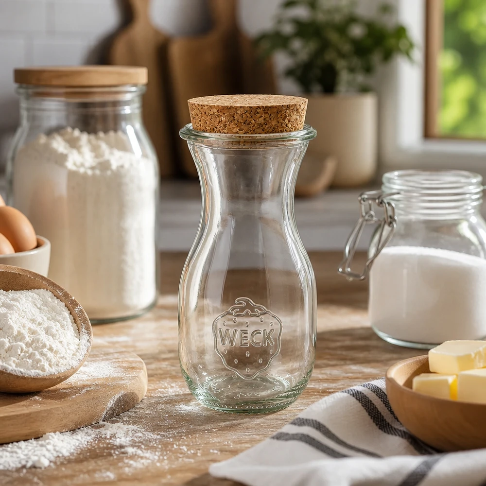 Bottiglia di succo WECK 290ml RR60 vuota in cucina circondata da ingredienti da forno farina latte burro su tavola di legno stile casa di campagna