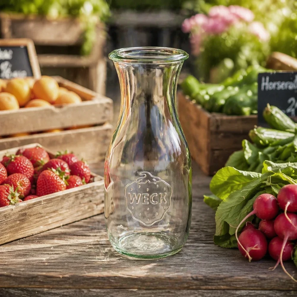 Bottiglia di succo WECK 530ml RR60 su un tavolo di legno con fragole fresche, ravanelli e verdure in una cucina rustica