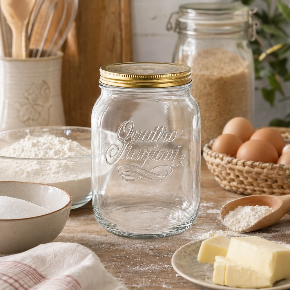 2000ml Rundglas "Quattro Stagioni" mit Deckel Quattro Stagioni 2000ml Einmachglas in rustikaler Küche mit Backzutaten - italienisches Vorratsglas für Mehl