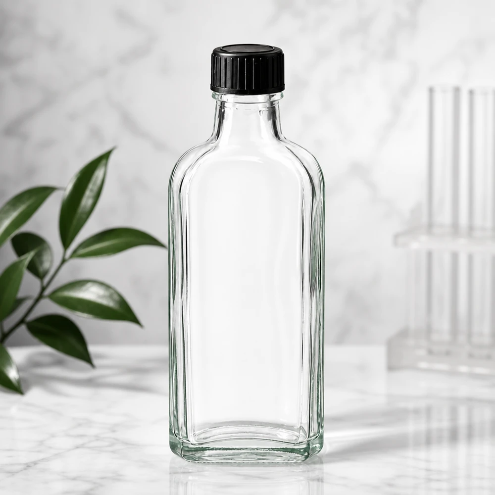100 ml Meplat klar Schraubverschluss mit LKD-Dichtscheibe Kleine Glasflasche flache Form 100ml transparent mit schwarzem Schraubdeckel Produktfoto