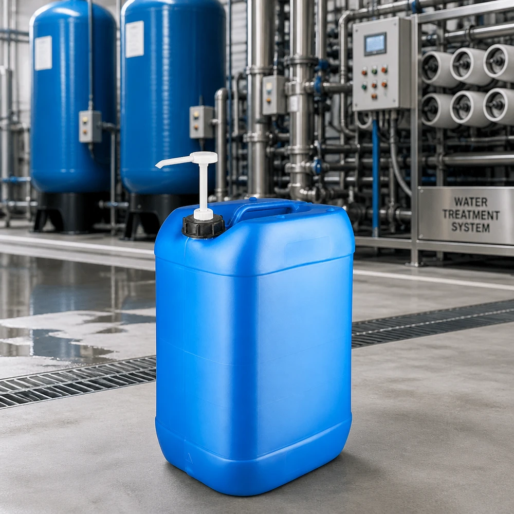 Kompakter blauer Kunststoffkanister 25 Liter mit Pumpspender vor industriellen Drucktanks