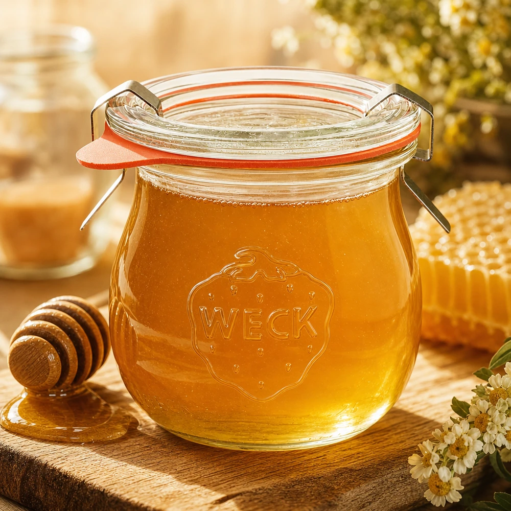 Barattolo a tulipano da 75 ml completo WECK RR40 Vaso WECK a tulipano da 75 ml riempito di miele e nido d'ape su una tavola di legno con fiori in una calda atmosfera da cucina