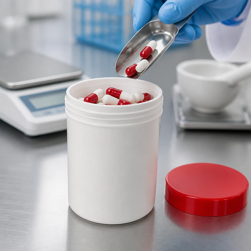 Remplissage d'un pot blanc de 300 g avec des capsules rouges à l'aide d'une cuillère métallique au laboratoire