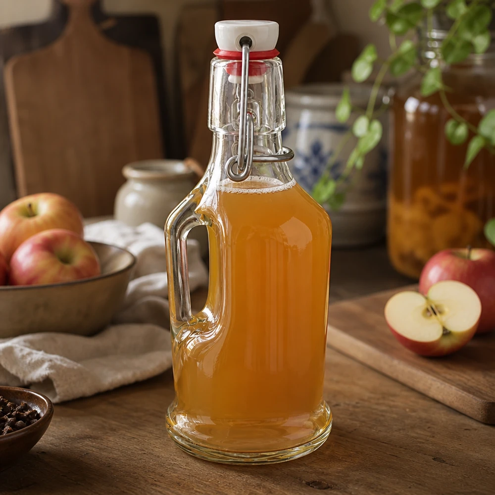 Bottiglia di vetro Bertha da 200 ml riempita di succo di mela, UNiTWIST swing top, scena di cucina rustica con mele fresche