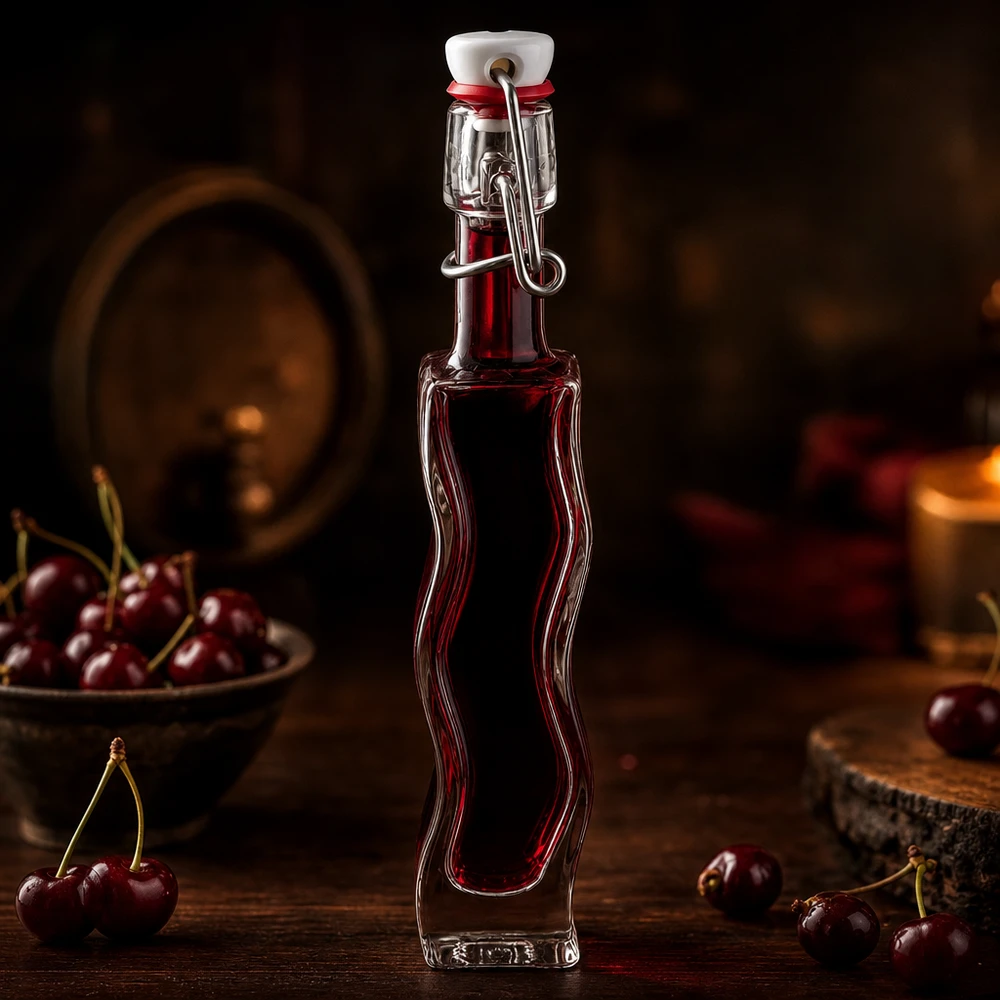 Bottiglia in vetro Anna da 40 ml con liquido rosso scuro alla ciliegia in un ambiente rustico da cantina con ciliegie fresche.