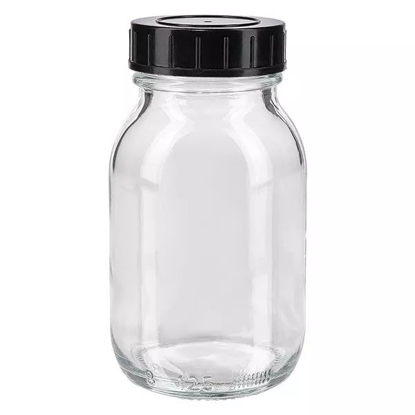 Bouteille à col large de 125ml en verre clair avec bouchon vissé Bouteille à col large de 125ml en verre clair avec bouchon vissé