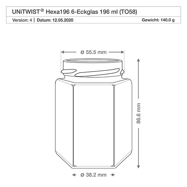 UNiTWIST Hexa196 - Vaso a 6 angoli capacità 196ml TO58 UNiTWIST Hexa196 vaso esagonale 196ml filettatura TO58 disegno tecnico con dimensioni 55,5 mm di diametro