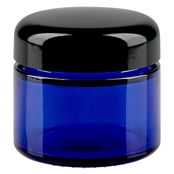 Barattolo in vetro da 50ml blu royal, con coperchio in bachelite nera ApoG Barattolo in vetro da 50ml blu royal, con coperchio in bachelite nera ApoG
