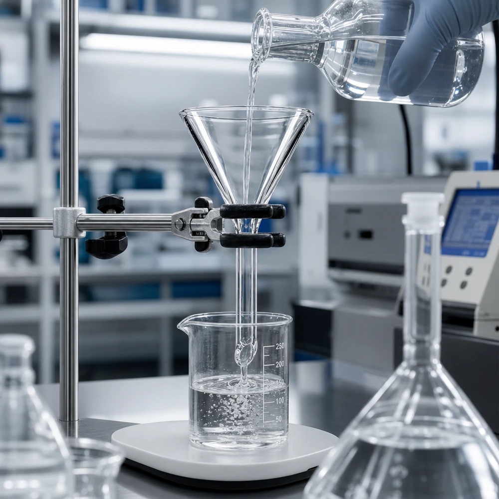 Entonnoir Ø 30mm - verre sodocalcique - angle 60° Entonnoir de laboratoire compact en verre sodo-calcique avec ouverture de 30 mm pour une filtration et une séparation efficaces