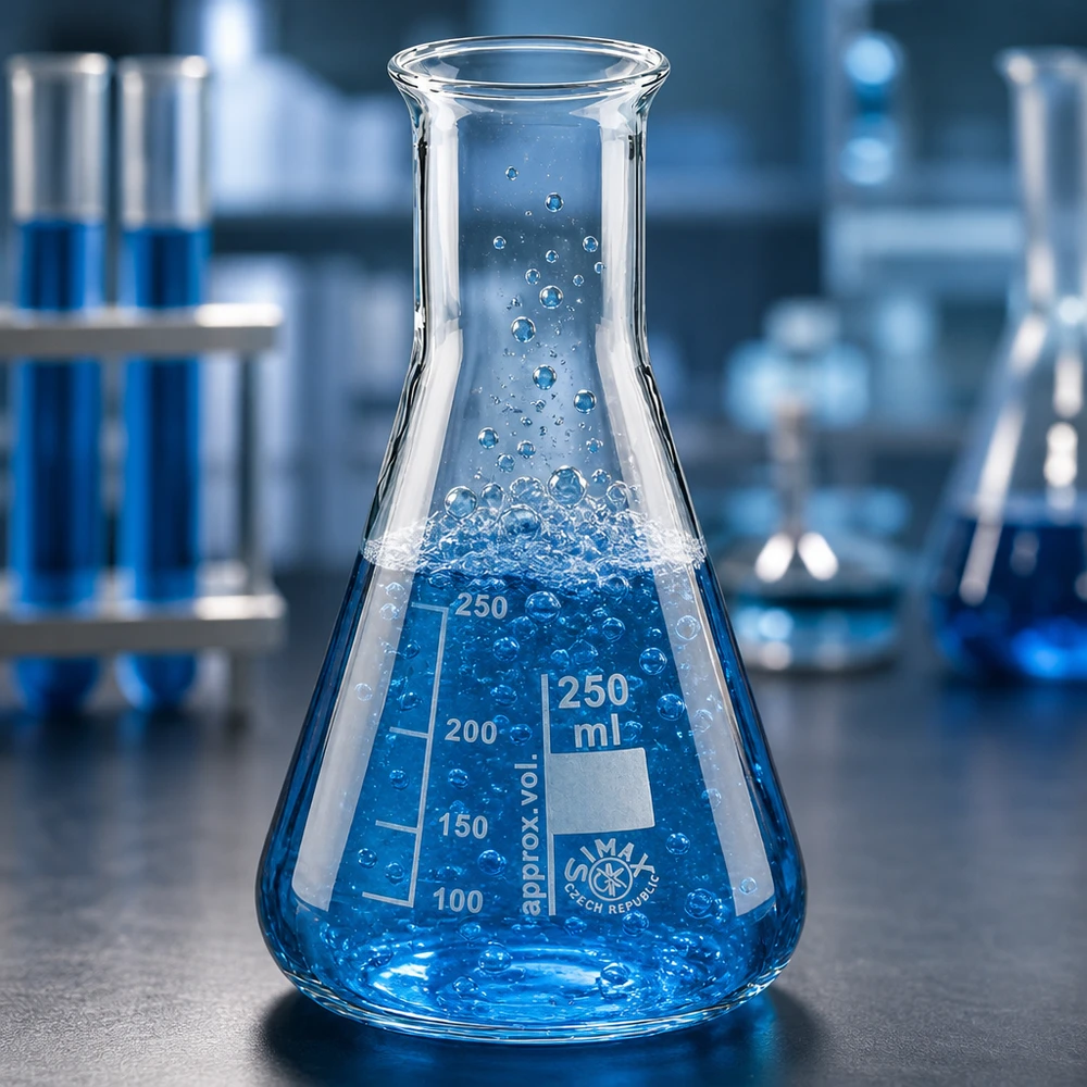 Beuta da 250 ml a collo stretto Beuta da 250 ml riempita con una sostanza chimica blu reattiva in un ambiente di laboratorio sterile.