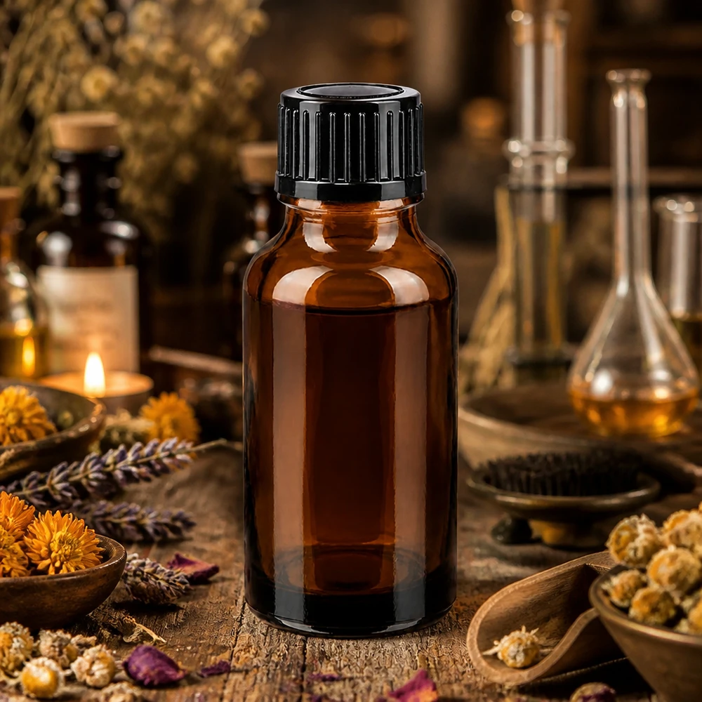 Hochwertige 20ml STD Tropfflasche ApoGlas braun neben Ringelblumen und Kamillenblüten