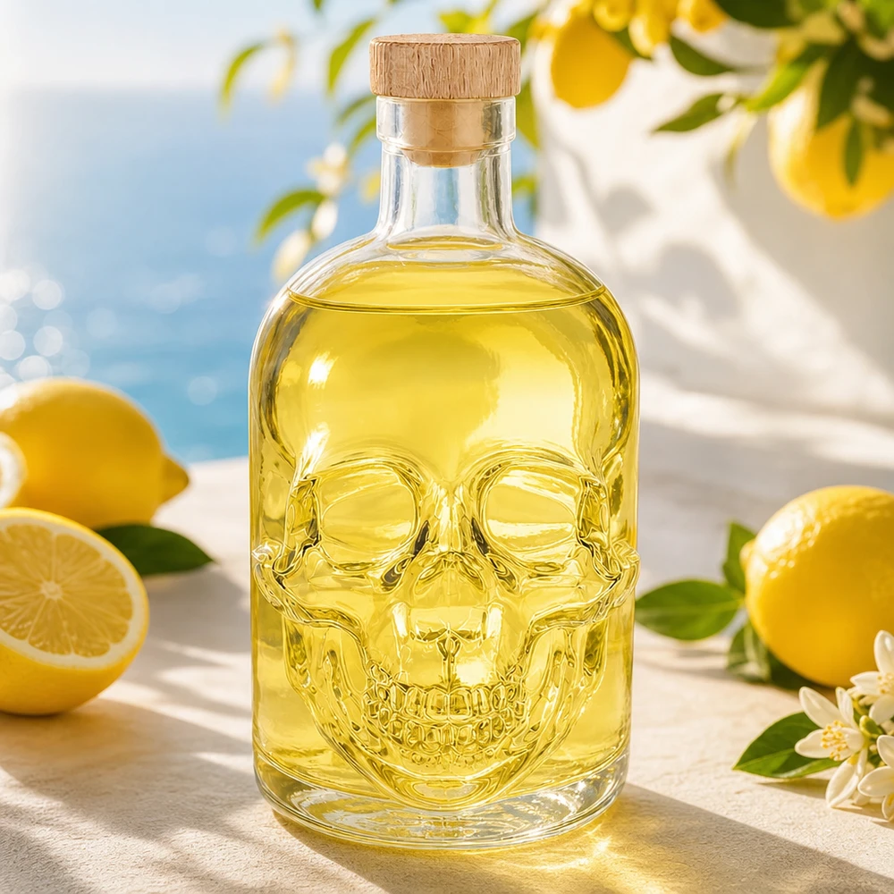 Totenkopf Glasflasche 500ml mit gelbem Inhalt und Korkenverschluss, dekorative Spirituosenflasche Jack Design