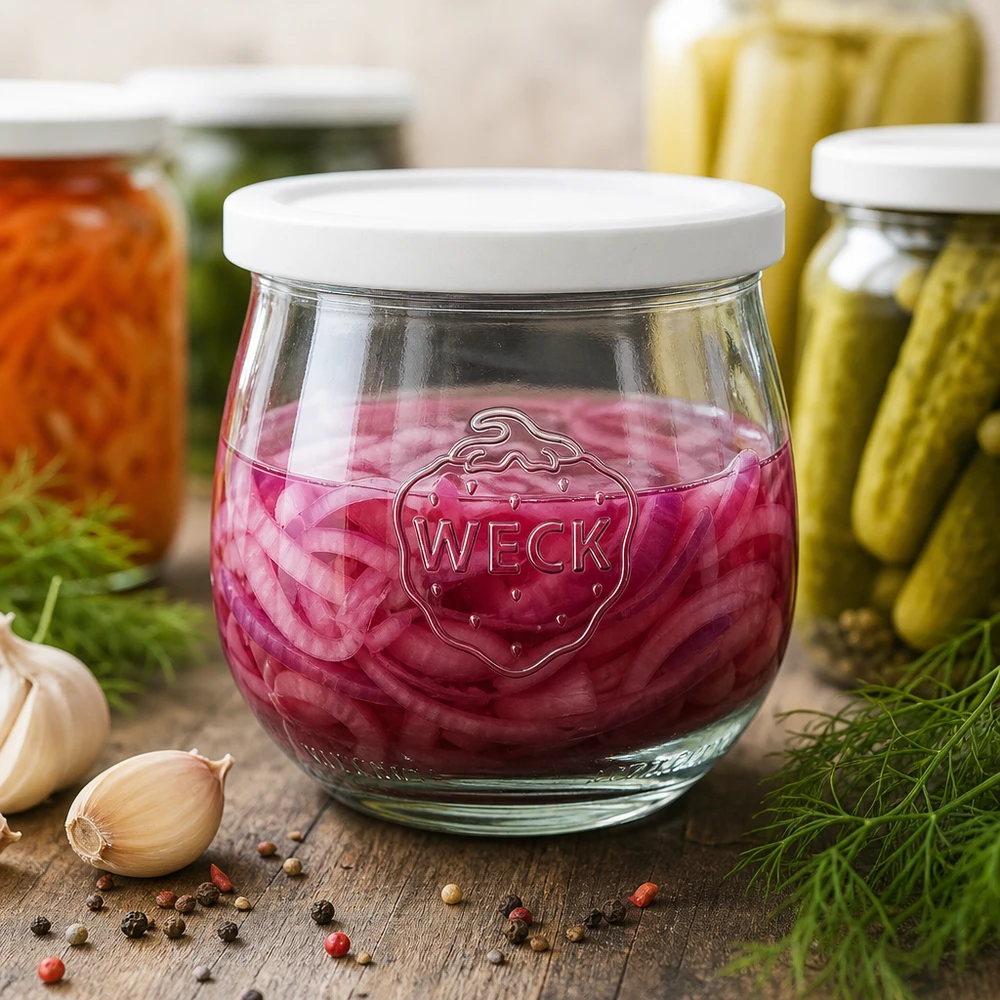 Vaso a tulipano da 370 ml con coperchio a tenuta ermetica WECK RR80 Vaso a tulipano WECK 370ml RR80 con cavolo rosso sottaceto accanto a aglio, pepe in grani e altri vasi per conserve