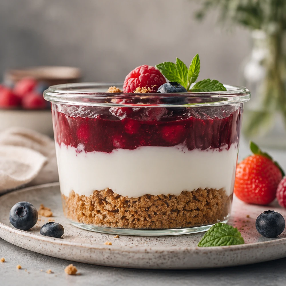 Bocal WECK RR40 de 35 ml WECK Sturzglas 35ml mit Schichtdessert aus Keksboden weißer Creme und Beerenkompott garniert mit Minze