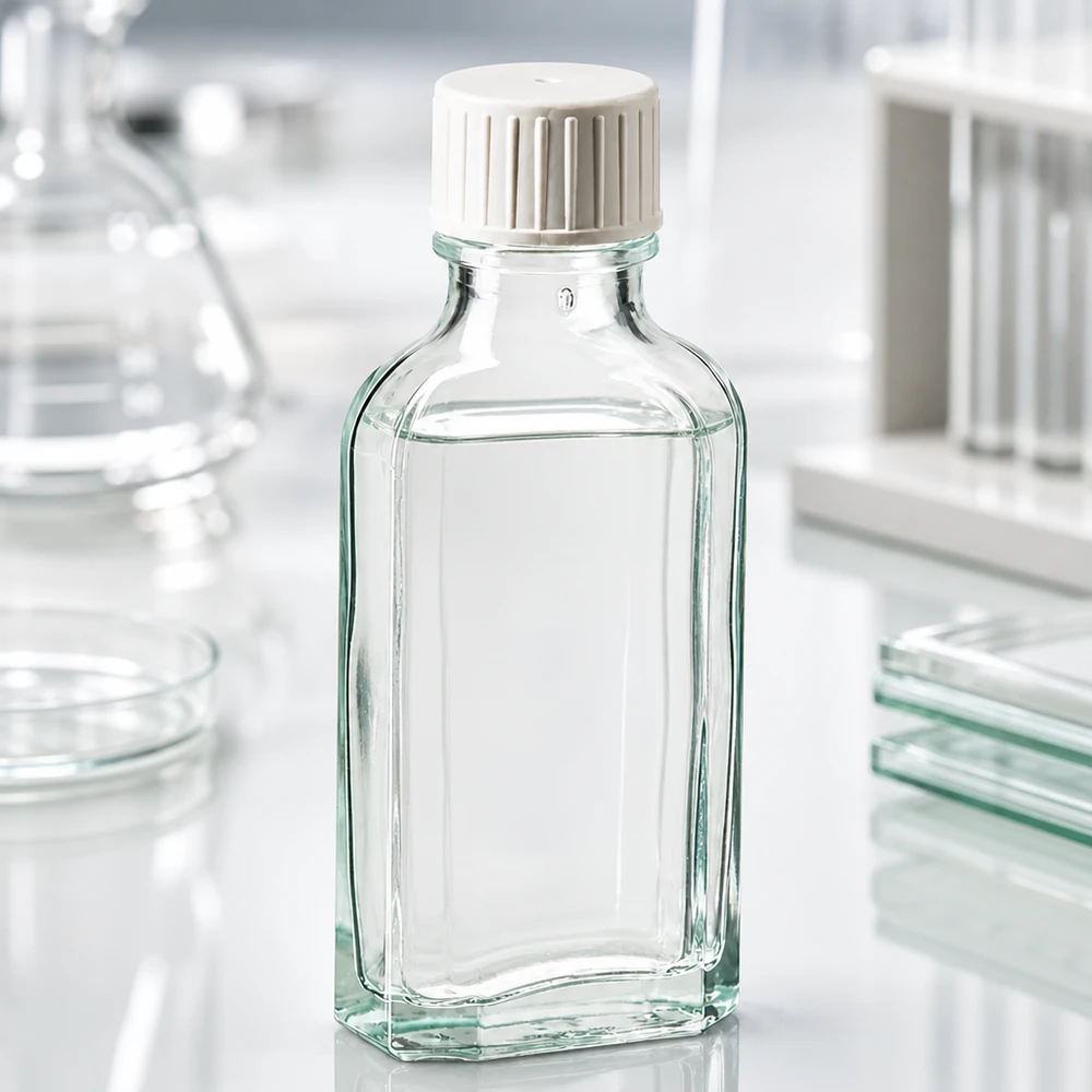 50 ml Apothekerflasche Meplat klar mit strukturiertem Schraubdeckel und Gießhilfe