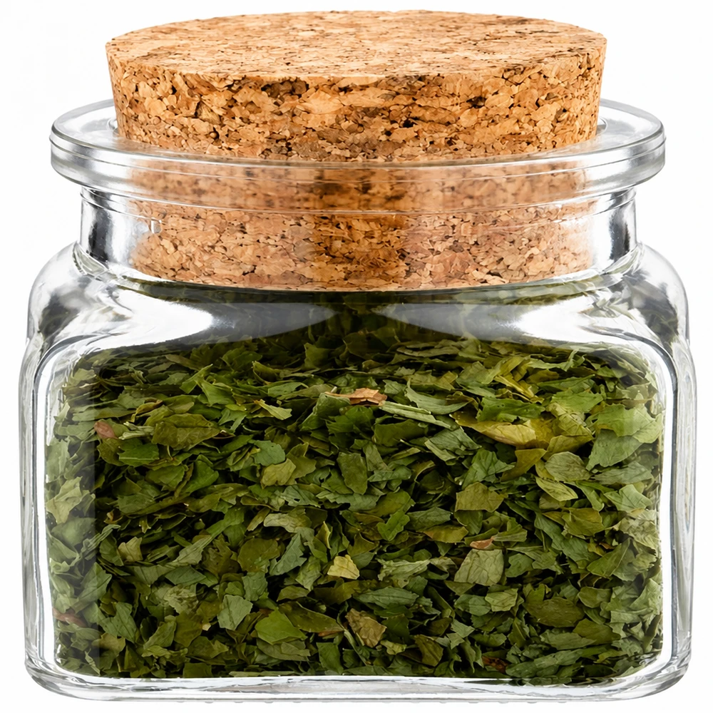 Idea barattolo per spezie: Quadratus 120ml trasparente, apertura 39mm, con tappo di sughero 38 Barattolo per spezie Quadratus trasparente con prezzemolo essiccato e tappo in sughero naturale 38