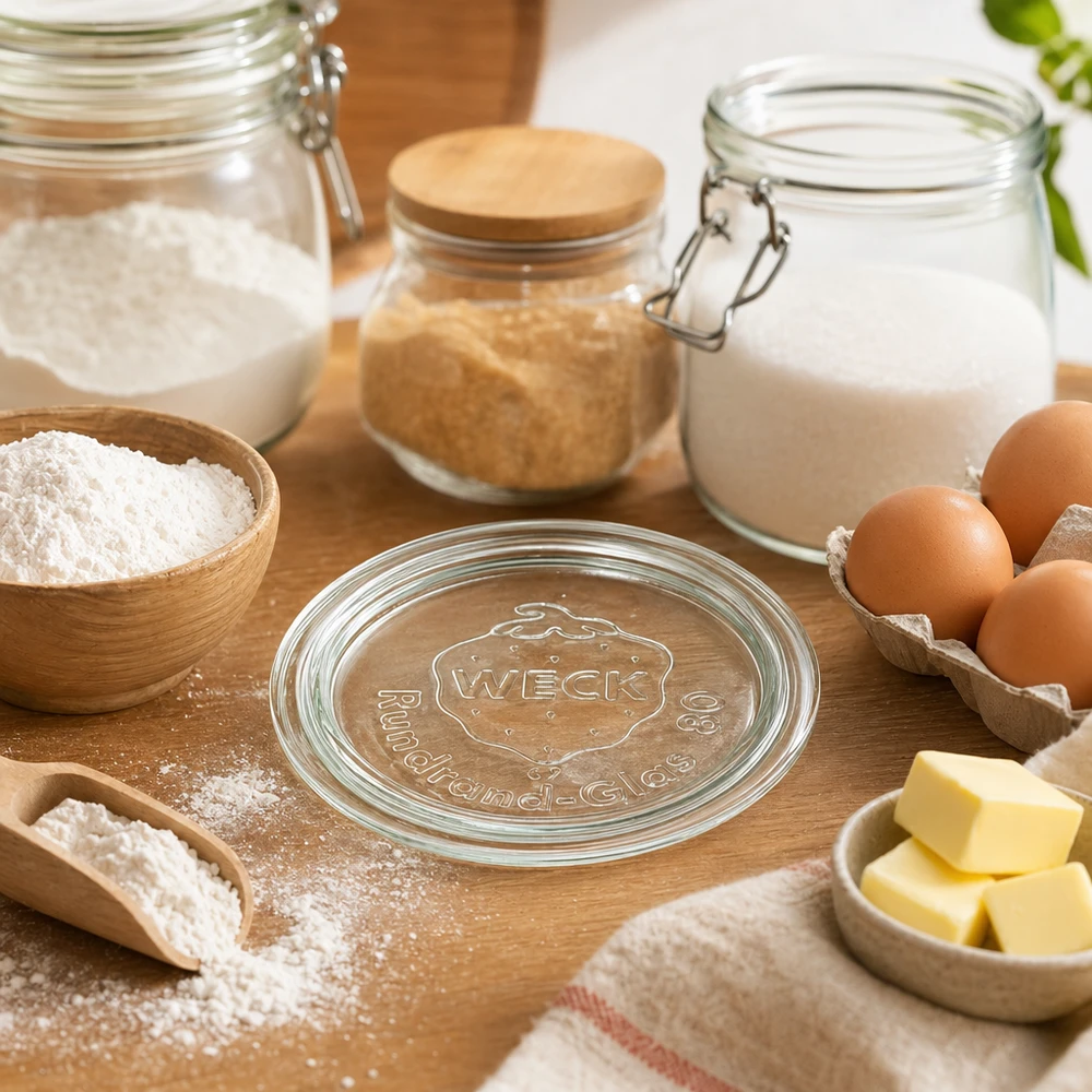 Coperchio in vetro WECK RR80 Coperchio in vetro WECK RR80 circondato da ingredienti da forno come farina, uova, burro e latte in una cucina rustica su un tavolo in legno