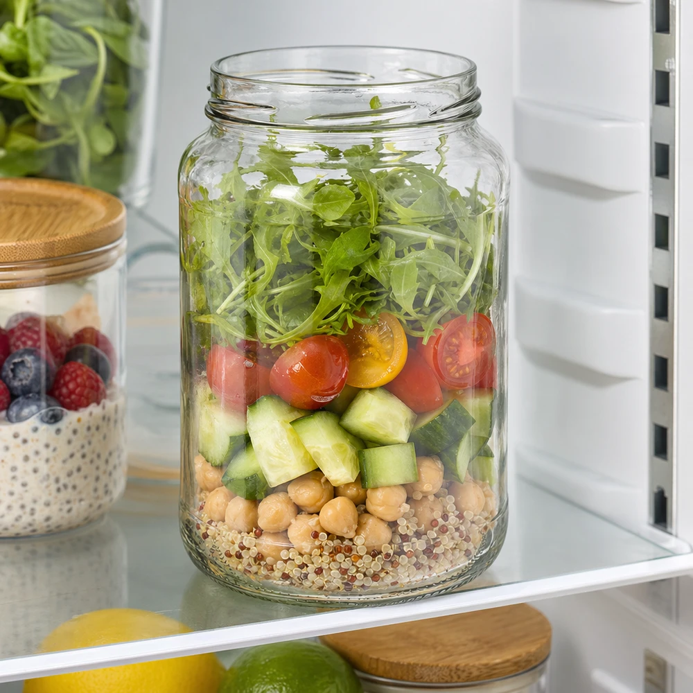 UNiTWIST Runda1700 tumbler 1700ml TO100 con insalata a strati quinoa ceci cetrioli pomodori rucola in frigo